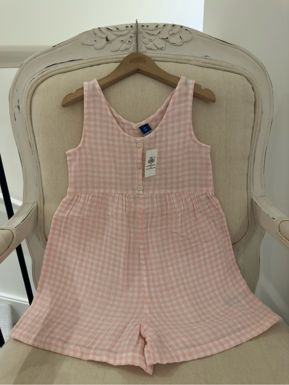 🩰 5T Girls Pink Gingham Romper With Floral Buttons 100% Cotton NWT